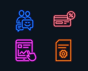 Neon lights. Set of Cashback, Internet report and Communication icons. File settings sign. Non-cash payment, Web tutorial, Business messages. File management.  Glowing graphic designs. Vector