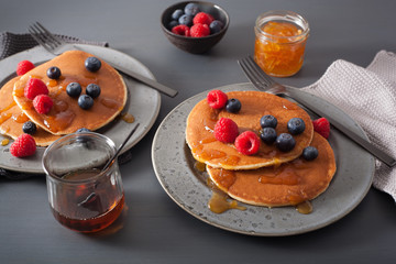 pancakes with blueberry raspberry honey and jam for breakfast