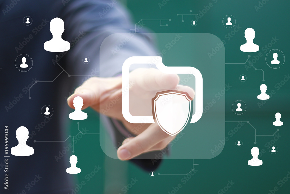Poster businessman pressing button file document shield security virus in network internet.