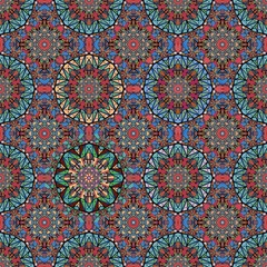 Seamless multicolor abstract pattern with stylized flower mandala in vector. Indian, arabic, damask motives. Ornamental print for fabric.