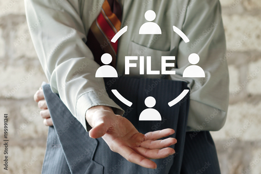 Poster businessman pressing button file on virtual electronic user interface.