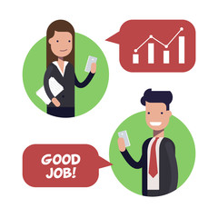 Interaction between two employees of businessmen or managers. The boss praises the subordinate. Working conditions. Flat vector illustration.