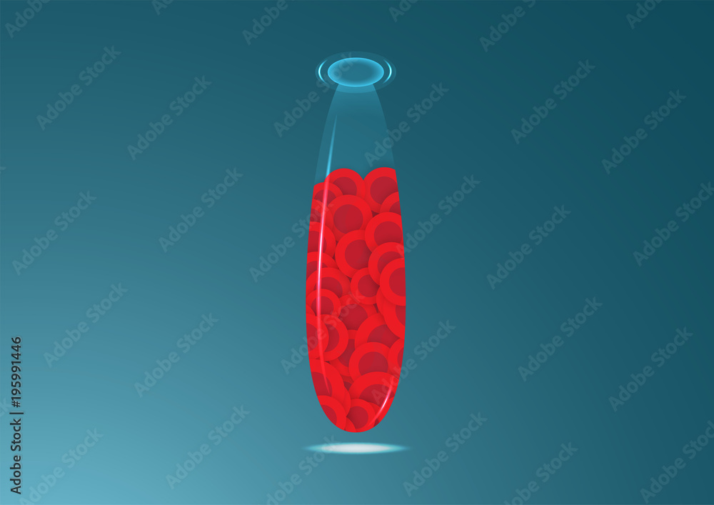 Wall mural Red blood cell in transparent glass bottle on dark blue background. Science graphic for education of school and university.