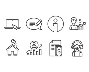 Set of Portable computer, Message and Payment icons. Business growth, &ETH;&iexcl;areer ladder and Support signs. Notebook device, Speech bubble, Cash money. Earnings results, Manager results, Call center