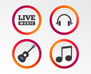 Musical elements icons. Musical note key and Live music symbols. Headphones and acoustic guitar signs. Infographic design buttons. Circle templates. Vector