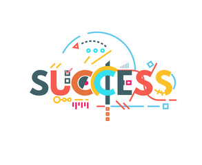 Success text banner concept. Thin and thick lines illustration. Circles and squares. Geometric text and letters, abstract shapes. Linear modern, trendy vector banner.