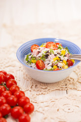 Rice salad with pork steak