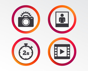 Photo camera icon. Flash light and video frame symbols. Stopwatch timer 2 seconds sign. Human portrait photo frame. Infographic design buttons. Circle templates. Vector