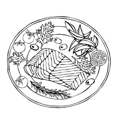 Salmon Filet on a Plate with Potato Wedges, Tomatoes and Herbs. Roasted Fish Cut. Seafood Logo. Sea Restaurant Menu. Festive Dinner. Hand Drawn Illustration. Savoyar Doodle Style.