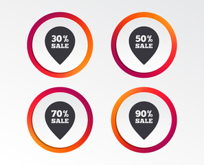Sale pointer tag icons. Discount special offer symbols. 30%, 50%, 70% and 90% percent sale signs. Infographic design buttons. Circle templates. Vector