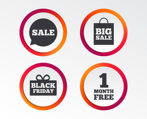 Sale speech bubble icon. Black friday gift box symbol. Big sale shopping bag. First month free sign. Infographic design buttons. Circle templates. Vector