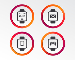 Smart watch icons. Wrist digital time watch symbols. Mail, Game joystick and wi-fi signs. Infographic design buttons. Circle templates. Vector