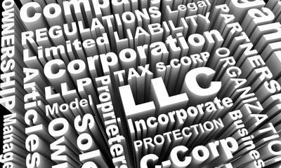 LLC LLP S- C-Corp Business Types Models Words 3d Illustration - obrazy, fototapety, plakaty