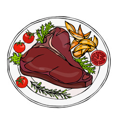 Grilled or Fried Porterhouse Steak on a Plate with Potato Wedges, Tomatoes and Herbs. Steak Dinner. Ready Meal. Steak House Meat Restaurant Menu Logo. Hand Drawn Illustration. Savoyar Doodle Style