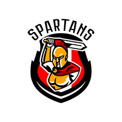 Emblem, logo, badge, Spartan with a sword. Ancient Greek warrior, gold armor, hoplite, Corinthian helmet, soldier, shield. Vector illustration