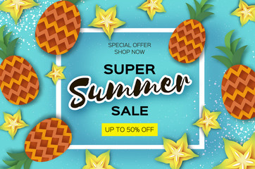 Pineappple and carambola. Ananas and starfruit Super Summer Sale Banner in paper cut style. Origami juicy ripe slices. Healthy food on blue. Square frame for text. Summertime.