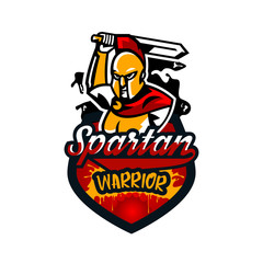 Emblem, logo, badge, Spartan with a sword. Ancient Greek warrior, gold armor, hoplite, Corinthian helmet, soldier, shield. Vector illustration