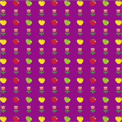  pattern with cartoon apples and tulip flowers on violet backgro