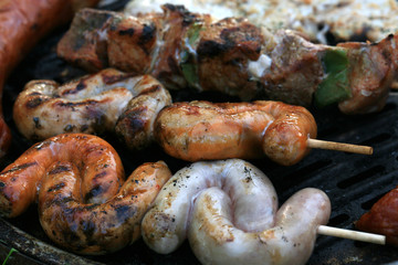 A set of meats baked on the grill during a family picnic in free time. Summer relaxation in the open air.