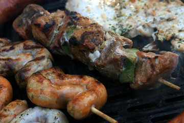 A set of meats baked on the grill during a family picnic in free time. Summer relaxation in the open air.