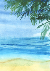 Fototapeta na wymiar Real watercolor sketchy coastline with green palm trees. Hand drawn landscape background.