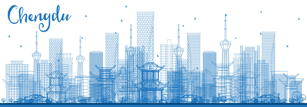 Outline Chengdu China City Skyline with Blue Buildings.