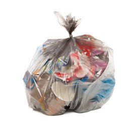 Plastic bag full of rubbish on isolated white background