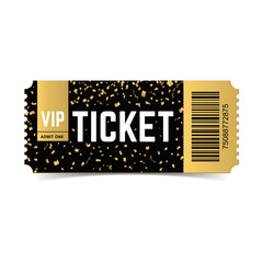 Golden vector vip ticket. Realistic 3d design with gold confetti on white background. Concert, cinema, movie, party, event, dance, festival premium collection. 