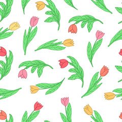 Seamless pattern with cute cartoon colored flowers, tulips on white background.
