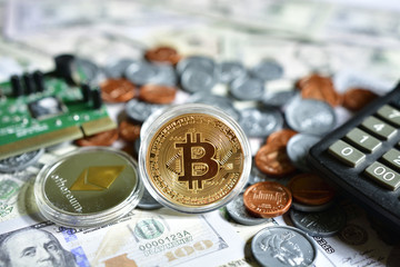 Bitcoin on US paper currency and coin