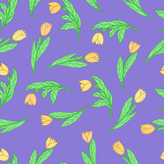 Seamless pattern with cute cartoon yellow flowers, tulips on violet background.