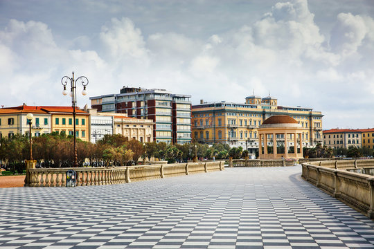Picturesque view of Mascagni terrace in Leghorn (Llivorno), Tuscany, Italy.
