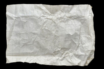 Crumpled old sheet of lined white paper isolated on black background