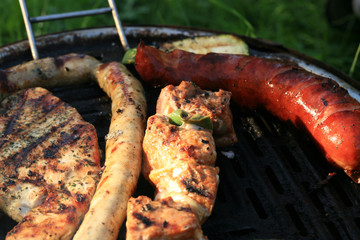 A set of meats baked on the grill during a family picnic in free time. Summer relaxation in the open air.