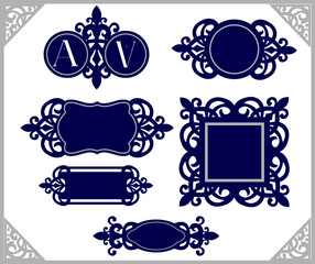 Set of design element. Vintage emblem. Decorative frame template. Wedding monogram laser cut. Silhouette cameo template. Navy blue logo. Decor for invitation card. Ornament tags. Emblems   