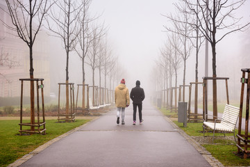 Two men walking along a foggy alley in the city park of Znojmo on a winter day. Znojmo, Czech Republic, Europe