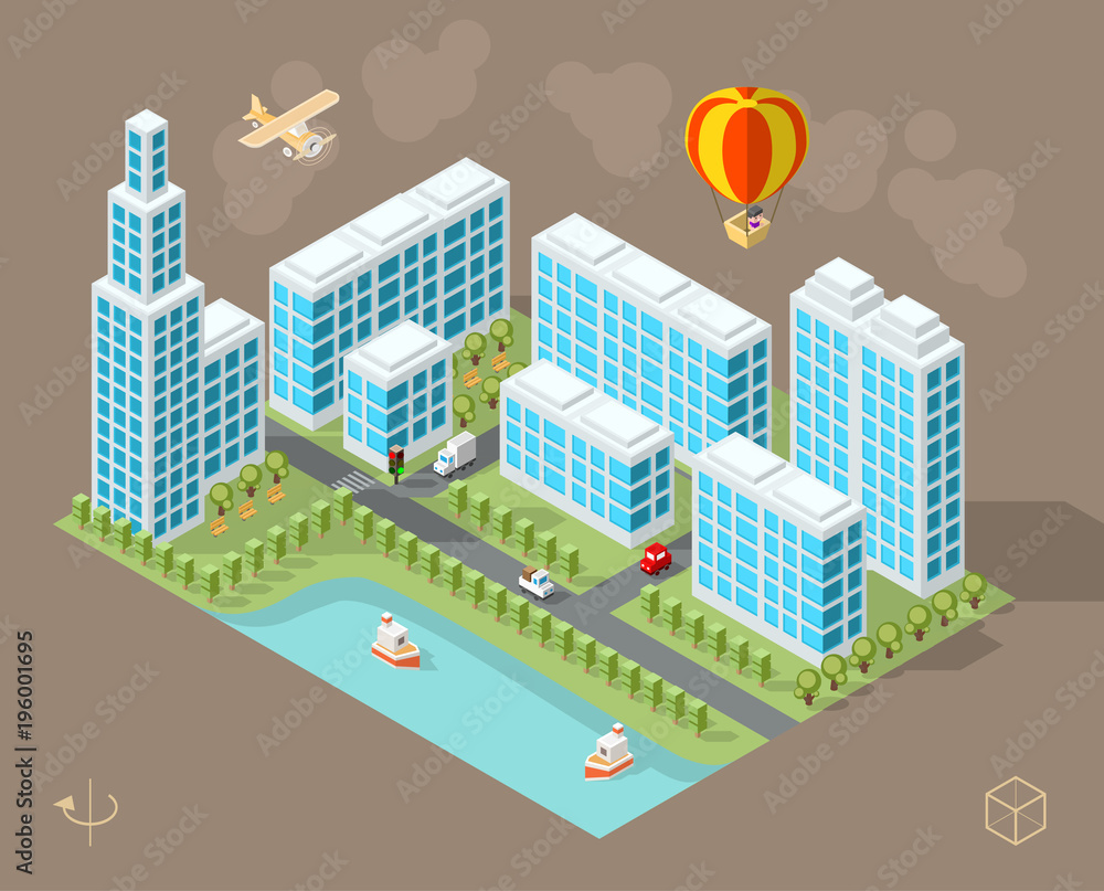 Poster set of isolated isometric minimal city elements . town with shadows on dark background