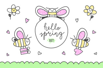 hello spring, vector set of cute big hand drawn butterflies, flowers and lettering