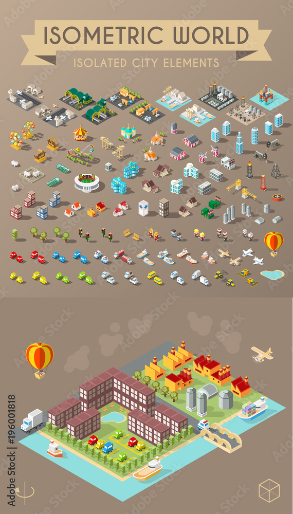 Poster set of isolated isometric minimal city elements . town with shadows on dark background