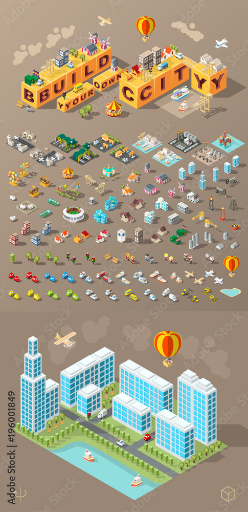 Poster build your own city . set of isolated minimal city vector elements on dark background