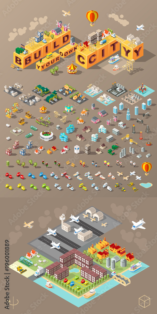 Poster build your own city . set of isolated minimal city vector elements on dark background