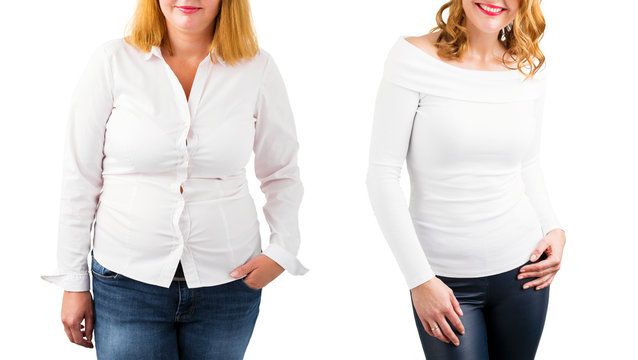 Casual woman before and after weight loss, isolated on white