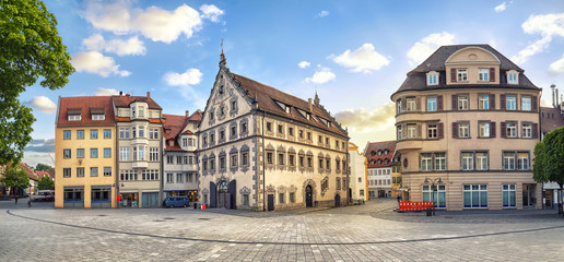Panoramic view of old buildings on Marienplatz square on the center of Ravensburg,...