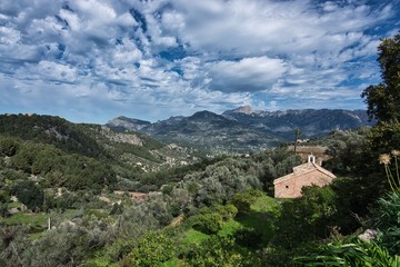 Fototapeta na wymiar landscape with hermitage and mountains in Sierra de Tramuntana; Majorca