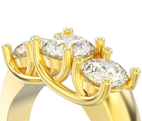 3D illustration isolated close up yellow gold three stone diamond ring