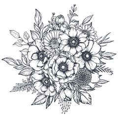 Vector floral composition of hand drawn anemone flowers