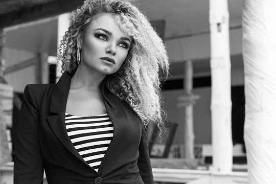 portrait of a beautiful blonde woman, black and white photo