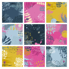 Set of nine abstract backgrounds with hand drawn ink texture.