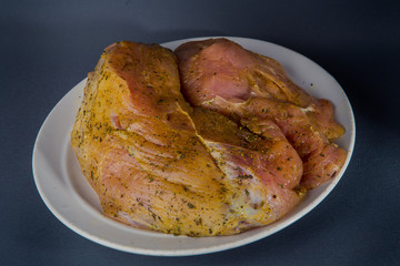 large piece of raw turkey fillet on white plate