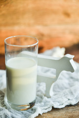 glass of milk, cow on natural wooden background in rustic style, rural style, concept of natural products and farming